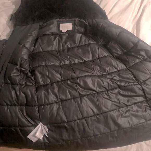 BCBG Black Parka XS Mid-Length Faux Fur Hood Designer Luxury Puffer Coat Jacket - Picture 3 of 4